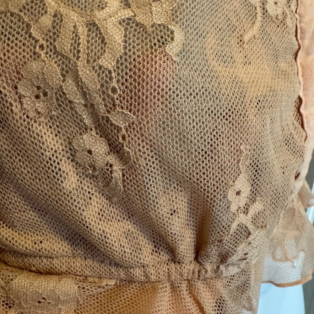 Sheer Lace Milkmaid Top S Peach Peplum Puff Sleeve Coquette Corset Fairy Pastel - Picture 4 of 9